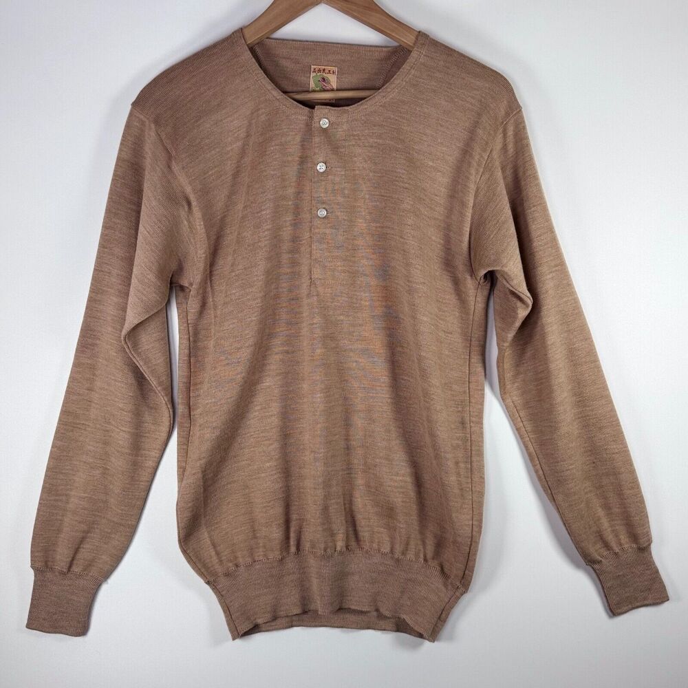 Vintage Merino Wool Henley Sweater Mens Small Brown Knit Long Sleeve Woolmark